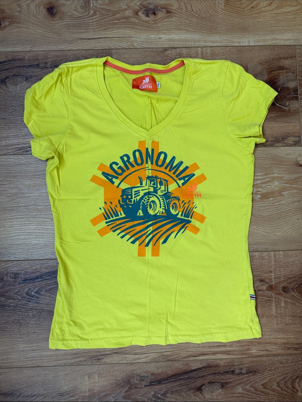 Earth Bright Yellow V-Neck Tee with Tractor Graphic